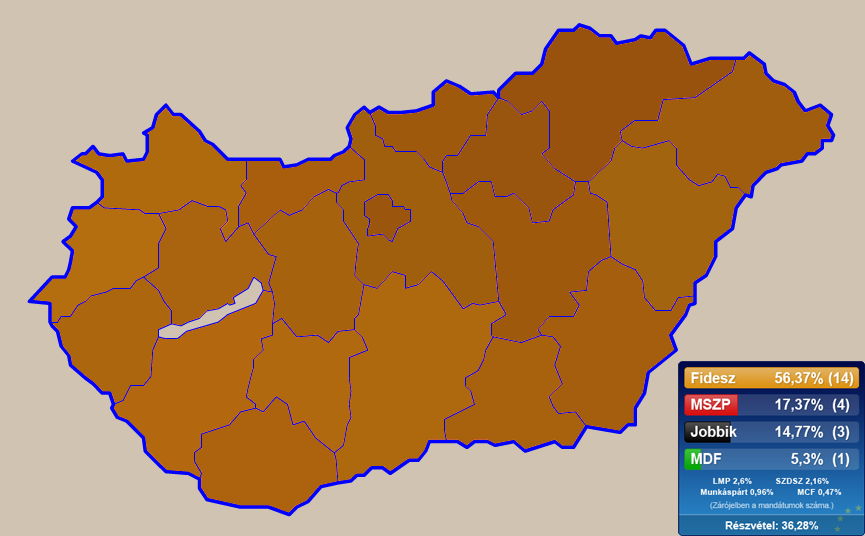 Választási eredmények, pártszínek szerint (Fidesz=narancs, MSZP=vörös, Jobbik=fekete (az index választása), MDF=zöld